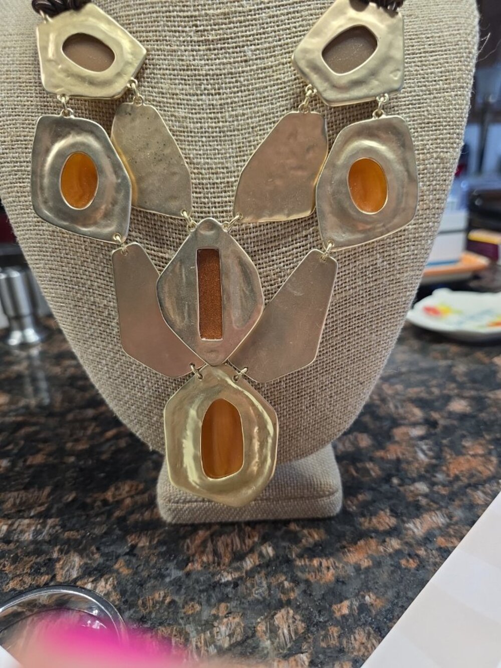 Chicos Statement Necklace Amber Color Acrylic Stones Gold Tone Brown Woven Cord - Picture 8 of 8